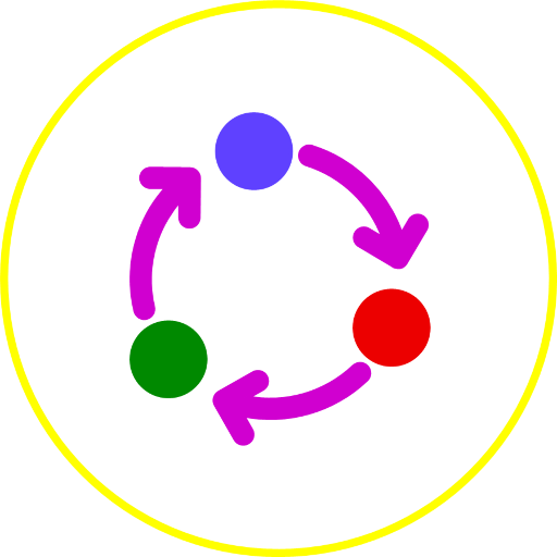 Isotip del concepte "estratègies de disseny" realitzat amb un conjunt de tres fletxes i tres punt creant un cicle.
