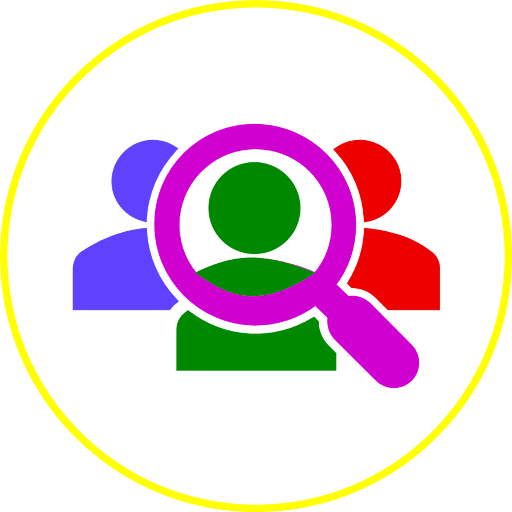 Isotip del concepte "usuari" realitzat amb un símbol d'una lupa cercant tres persones.