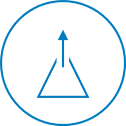 Isotipo del concepto "investigación" realizado con una flecha vertical señalando hacia arriba que parte del centro de un triángulo.