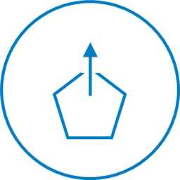 Isotype of the concept “design” made with a vertical arrow pointing upwards that starts from the center of a pentagon.